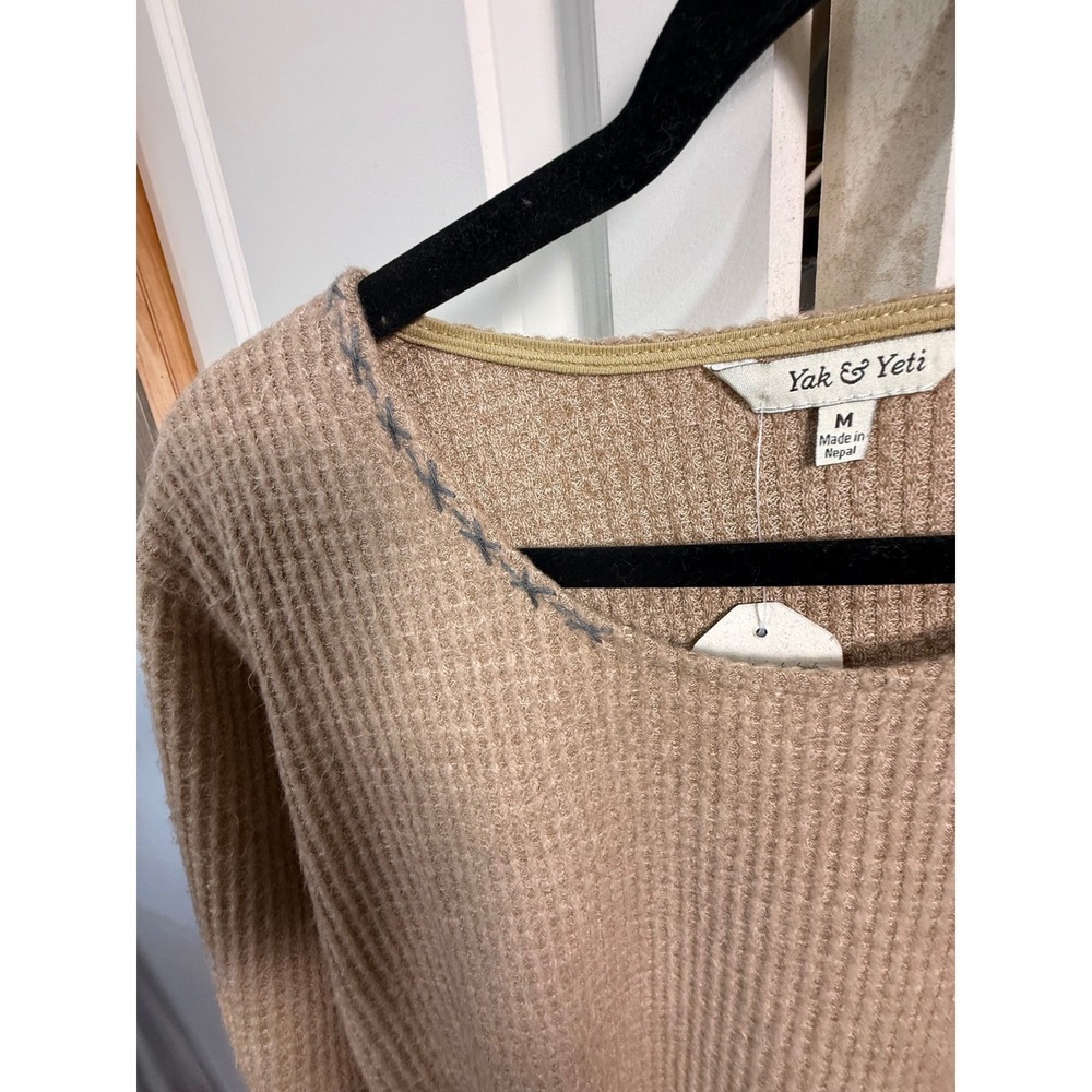 Yak & Yeti Tan Waffle Knit Dress/Tunic Long Sleeve Whipstitch Detail Nepal L - Picture 2 of 5